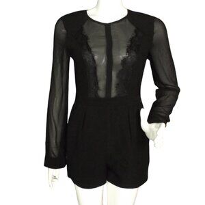 L'ATISTE Romper, S, Black, Sheer, Lace trim, Long sleeve, Short, Open Back, Club